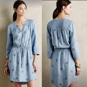Anthropologie Holding Horses Blue Chambray Embroidered Dress Pockets Size  M EUC